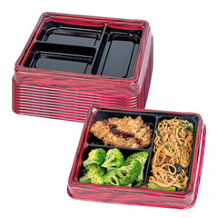 Bento Tek 16 oz Rectangle Red and Black Plastic Bento Box - 3 Compartments - 8 3/4