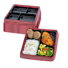 Bento Tek 18 oz Square Red and Black Plastic Bento Box - 4 Compartments - 8 1/2