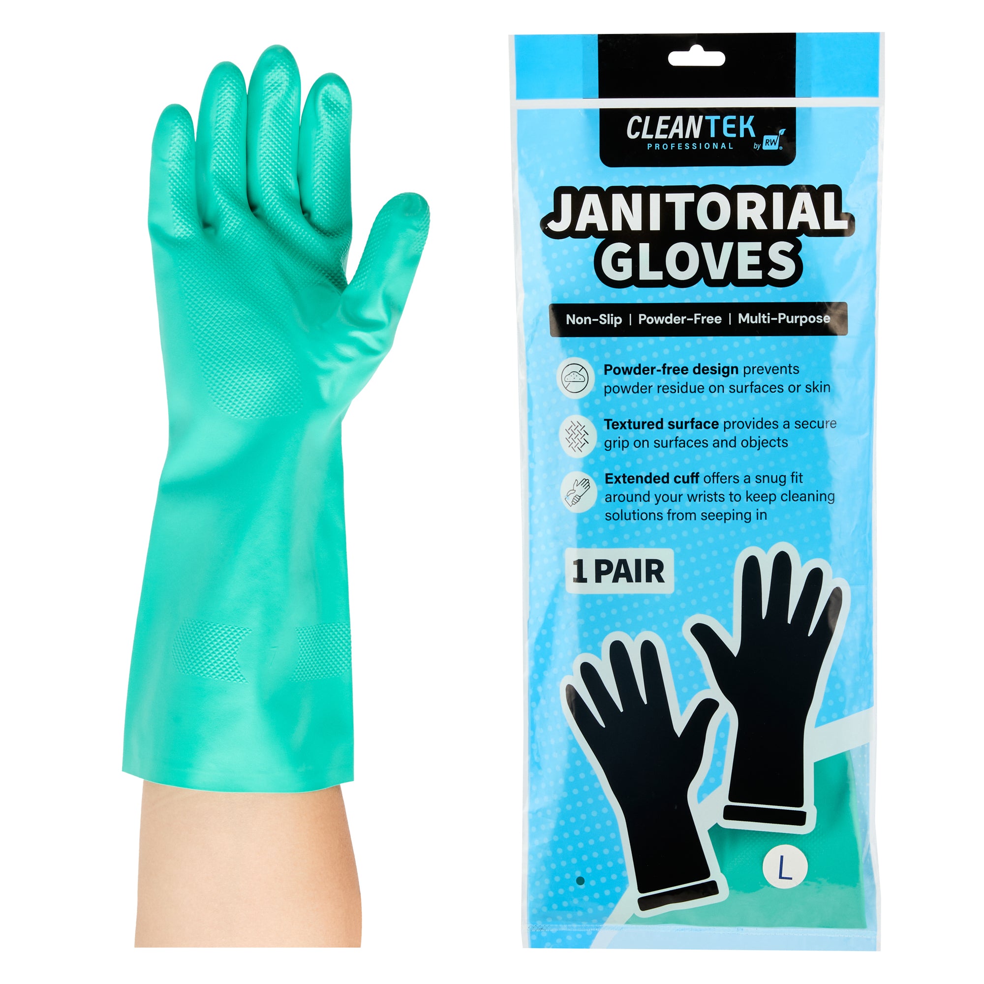 Clean Tek Professional Green Large Nitrile Gloves - 15 mil, Flock Lining, Chemical-Resistant - 13" x 4 1/2" - 10 pairs