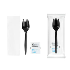 RW Base Black Plastic Spork - with Napkin and Salt / Pepper Packets, Medium Weight, Wrapped - 5 1/4