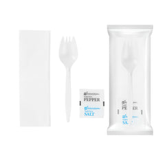 RW Base White Plastic Spork - with Napkin and Salt / Pepper Packets, Medium Weight, Wrapped - 5 1/4