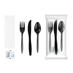 RW Base Black Plastic Cutlery Set - with Napkin and Salt / Pepper Packets, Medium Weight, Wrapped - 6 1/2