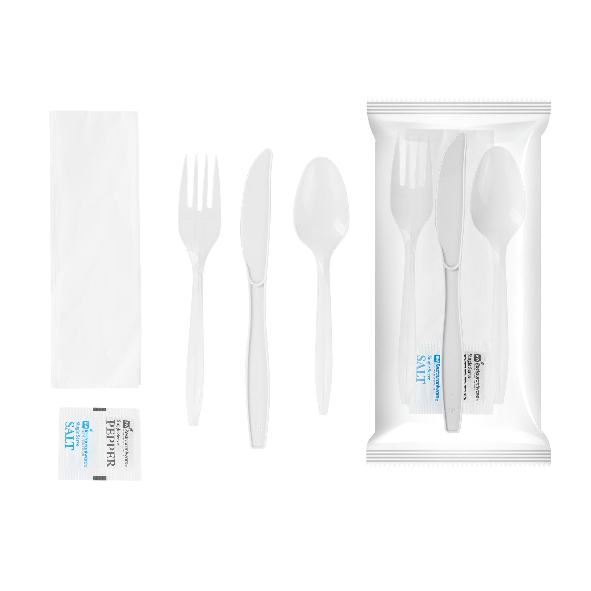 RW Base White Plastic Cutlery Set - with Napkin and Salt / Pepper Packets, Medium Weight, Wrapped - 6 1/2" - 500 count box