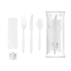 RW Base White Plastic Cutlery Set - with Napkin and Salt / Pepper Packets, Extra Heavy Weight, Wrapped - 7 1/2