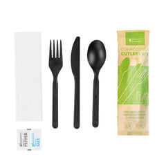 Basic Nature Black PLA Plastic Cutlery Set - with Napkin and Salt / Pepper Packets, Wrapped, Compostable - 6 1/4