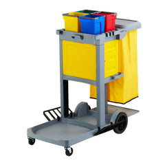 Clean Tek Professional Gray 3-Shelf Janitor Cart - 18 gal Bag, Lid, 4 Buckets and 1 Locking Cabinet - 44