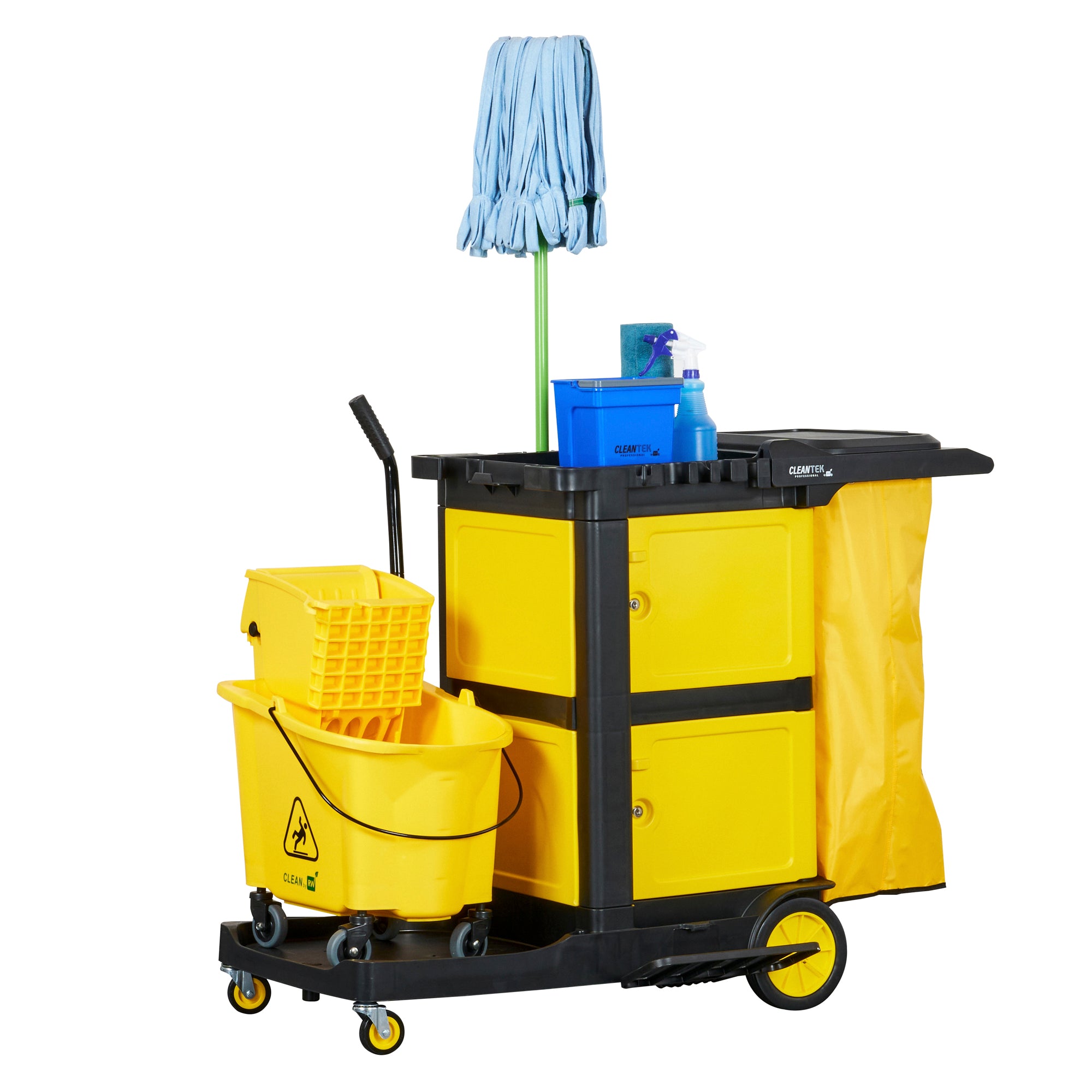 Clean Tek Professional Black Heavy Duty 3-Shelf Janitor Cart - 21 gal Bag, Lid, Double Locking Cabinet - 52 1/4" x 33 1/2" x 39" - 1 count box